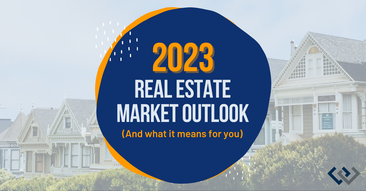 Homes in the backgroud of a logo, 2023 RE market outlook