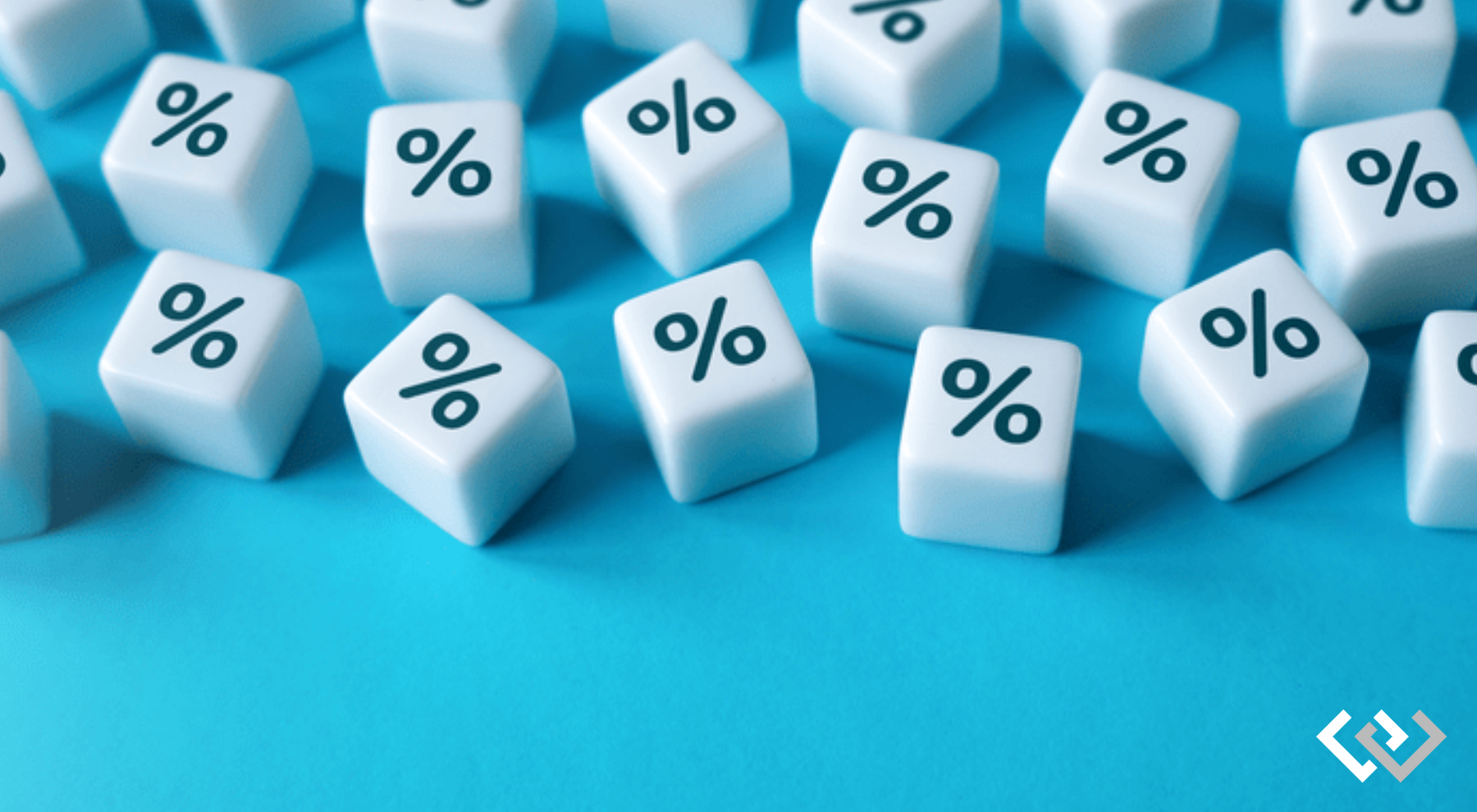 bright blue background with about a dozen dice, showing a % sign