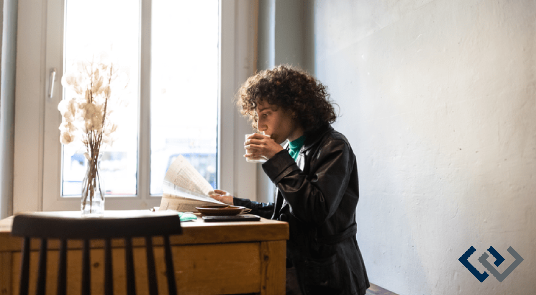 Woman sitting at a table, sipping a beverage and reading